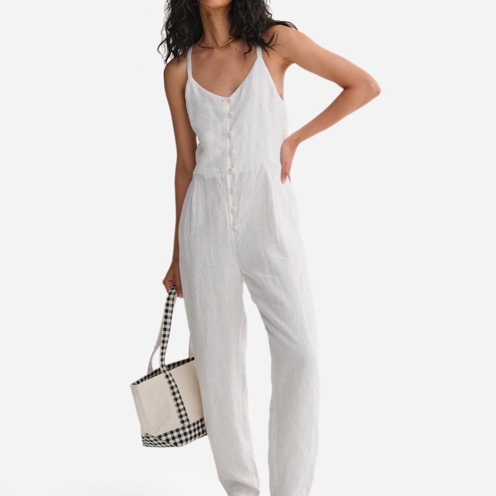 MATE the Label Ivory Button-Front Sleeveless Linen-Blend Jumpsuit